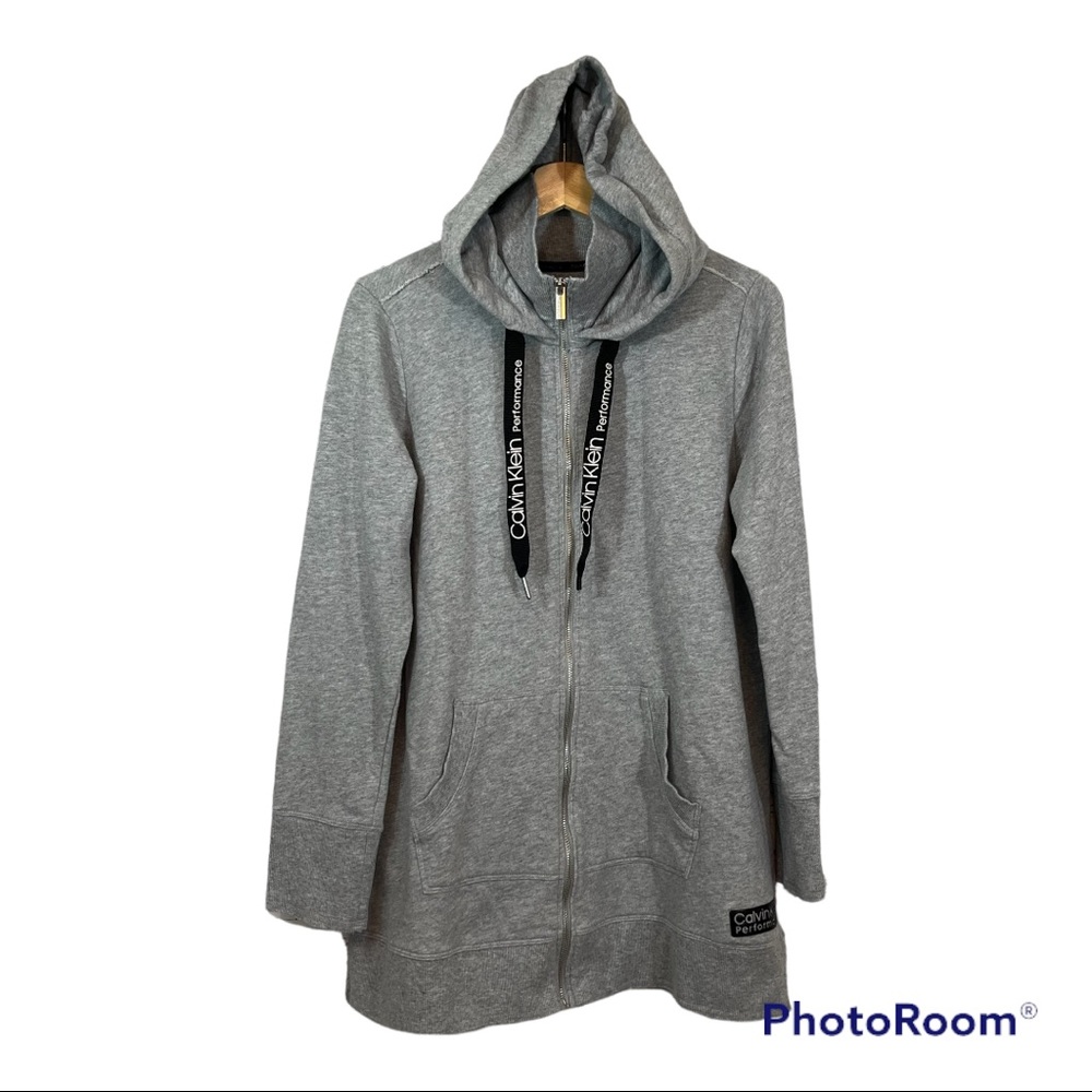 Calvin Klein Performance Grey Extra Long Full Zip Hoodie Tunic Length Size Large